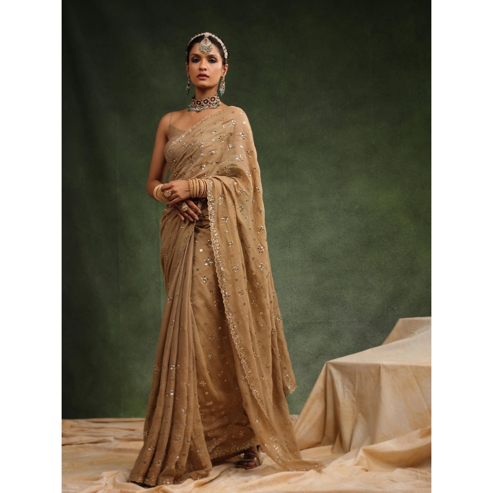 CHARU MAKKAR Beige Nutmeg Embellished Saree with Unstitched Blouse