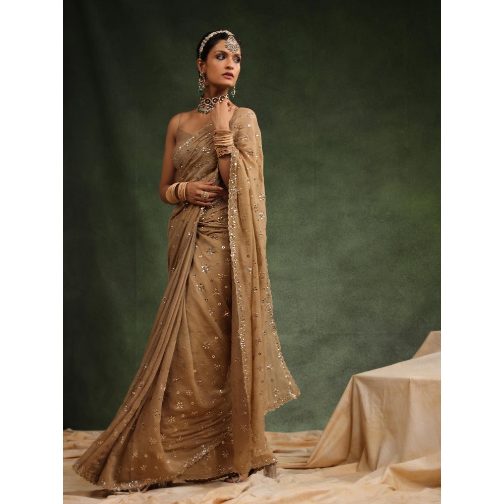 CHARU MAKKAR Beige Nutmeg Embellished Saree with Unstitched Blouse