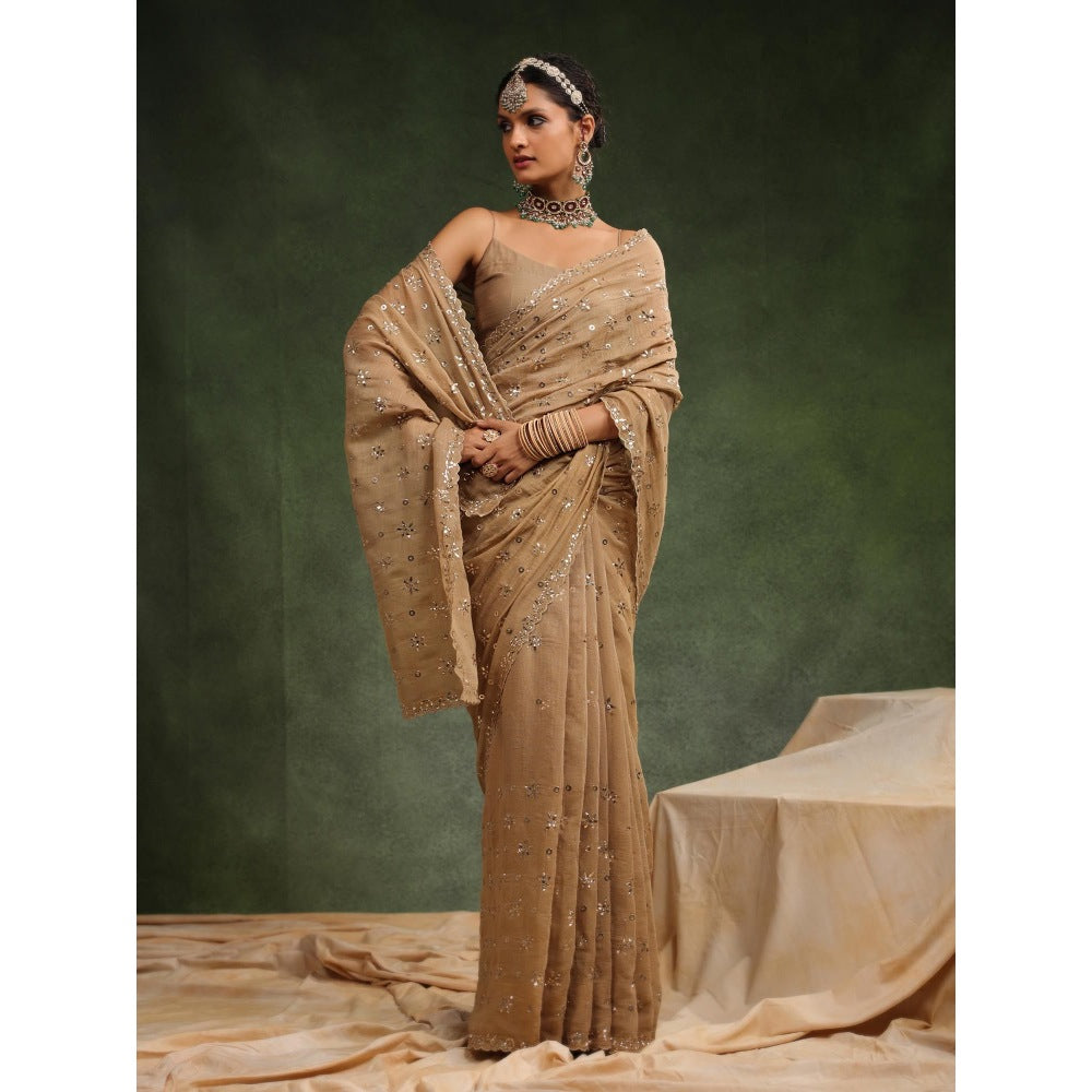 CHARU MAKKAR Beige Nutmeg Embellished Saree with Unstitched Blouse