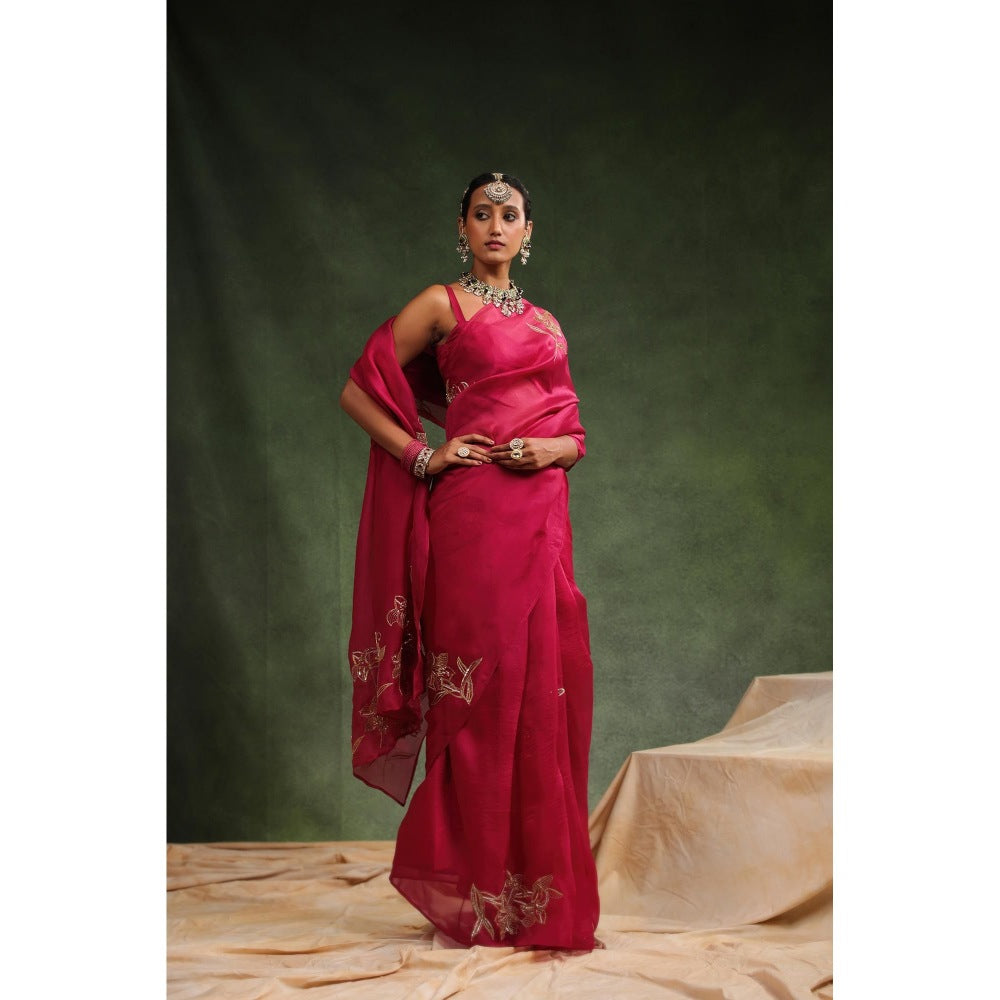 CHARU MAKKAR Pink Embellished Saree with Unstitched Blouse