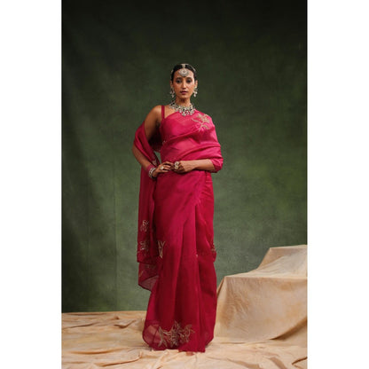 CHARU MAKKAR Pink Embellished Saree with Unstitched Blouse