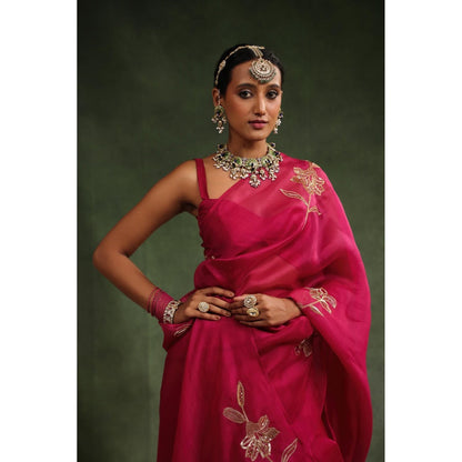 CHARU MAKKAR Pink Embellished Saree with Unstitched Blouse