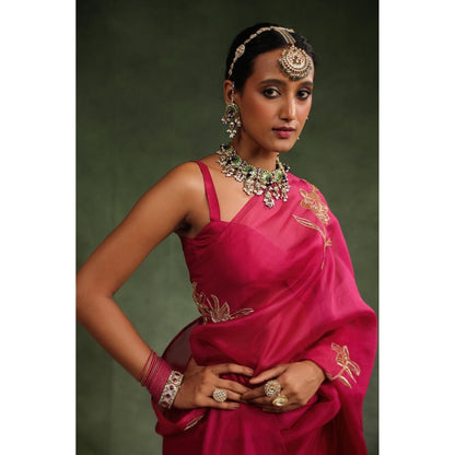 CHARU MAKKAR Pink Embellished Saree with Unstitched Blouse