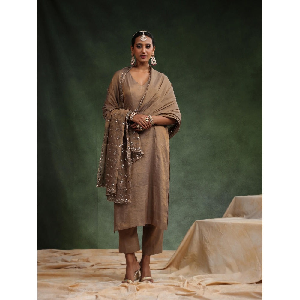 CHARU MAKKAR Taupe Brick-O-La Kurta with Pant and Dupatta (Set of 3)