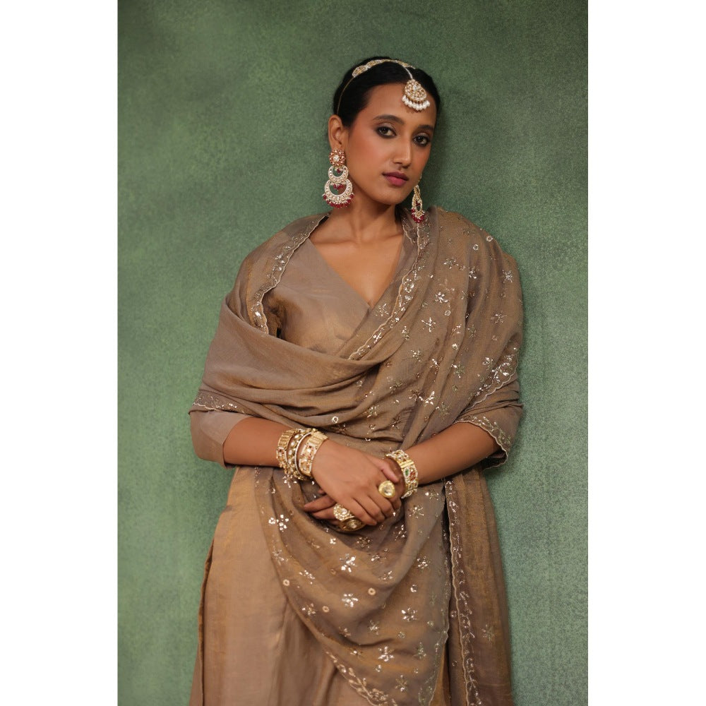 CHARU MAKKAR Taupe Brick-O-La Kurta with Pant and Dupatta (Set of 3)