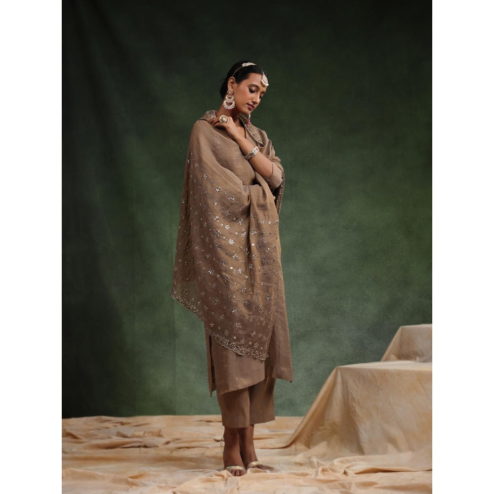 CHARU MAKKAR Taupe Brick-O-La Kurta with Pant and Dupatta (Set of 3)