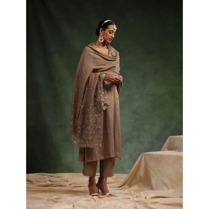 CHARU MAKKAR Taupe Brick-O-La Kurta with Pant and Dupatta (Set of 3)