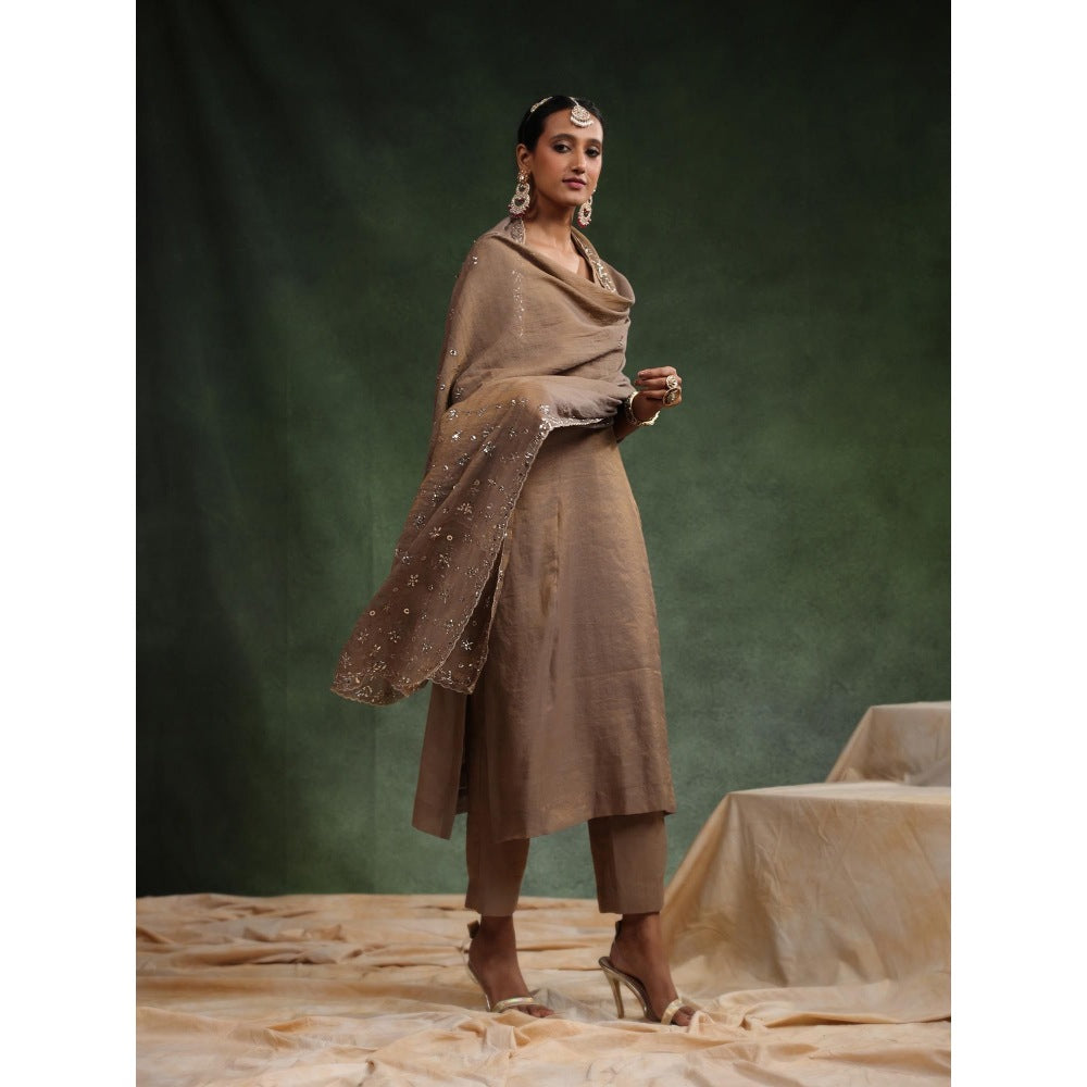 CHARU MAKKAR Taupe Brick-O-La Kurta with Pant and Dupatta (Set of 3)