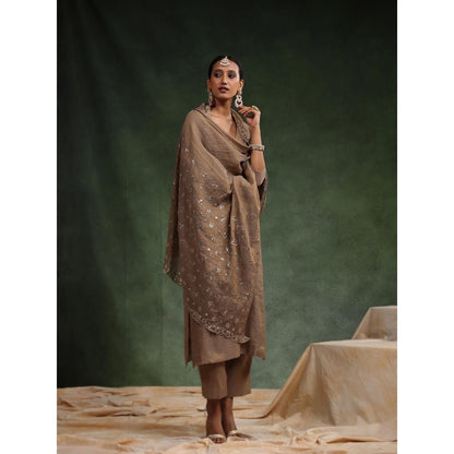 CHARU MAKKAR Taupe Brick-O-La Kurta with Pant and Dupatta (Set of 3)