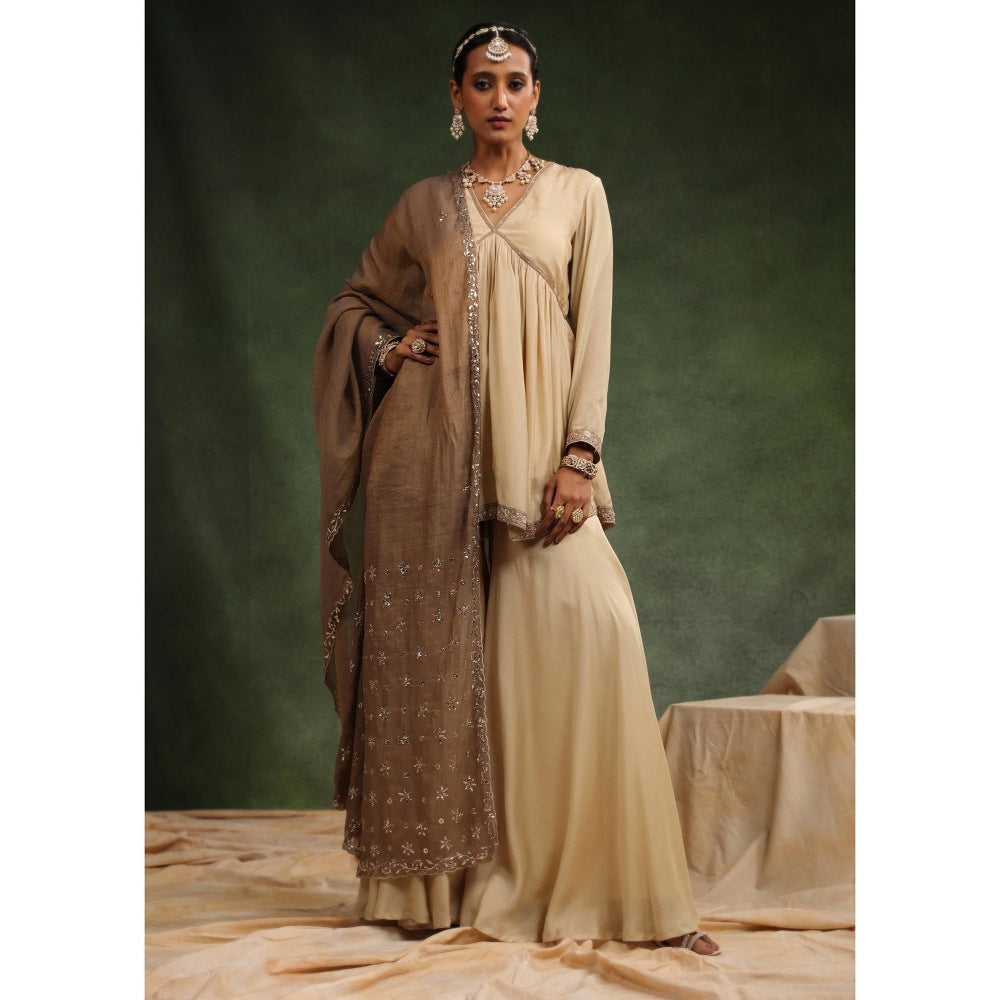 CHARU MAKKAR Taupe Sharara with Kurta and Dupatta (Set of 3)