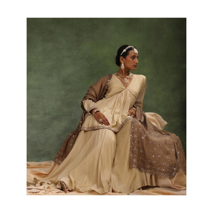 CHARU MAKKAR Taupe Sharara with Kurta and Dupatta (Set of 3)