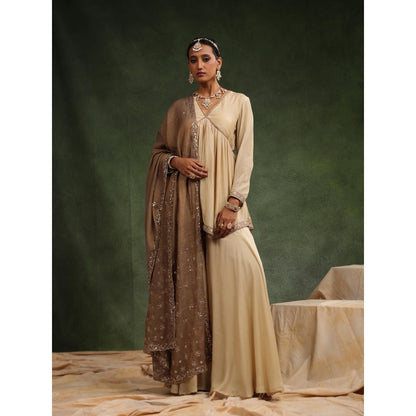 CHARU MAKKAR Taupe Sharara with Kurta and Dupatta (Set of 3)