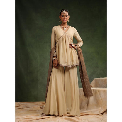 CHARU MAKKAR Taupe Sharara with Kurta and Dupatta (Set of 3)