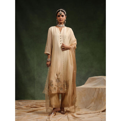 CHARU MAKKAR Beige Poncy Kurta with Pant and Dupatta (Set of 3)
