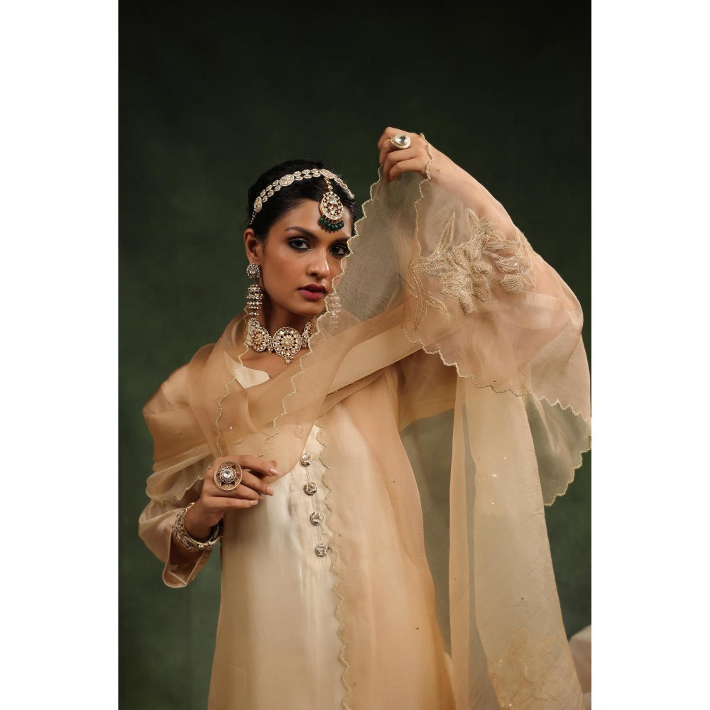 CHARU MAKKAR Beige Poncy Kurta with Pant and Dupatta (Set of 3)