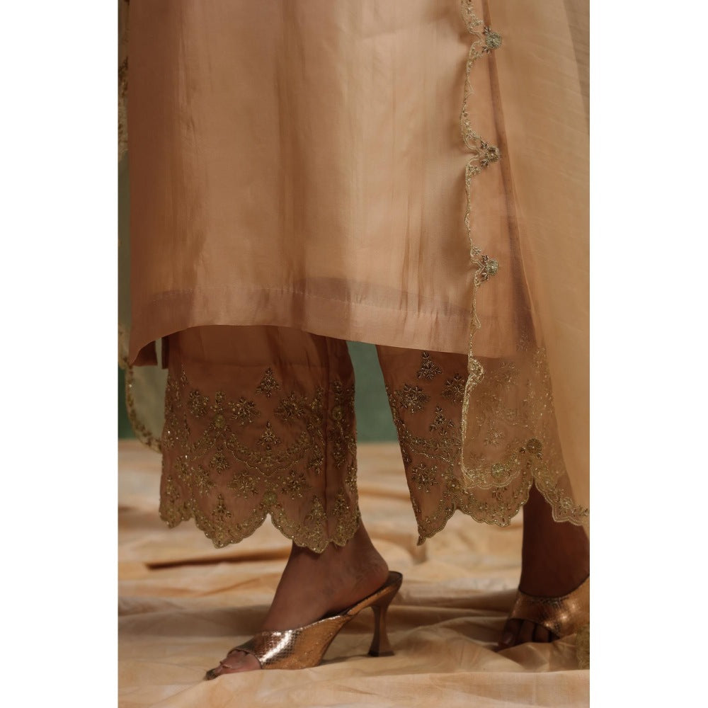 CHARU MAKKAR Beige Mocha Kurta with Pant and Dupatta (Set of 3)