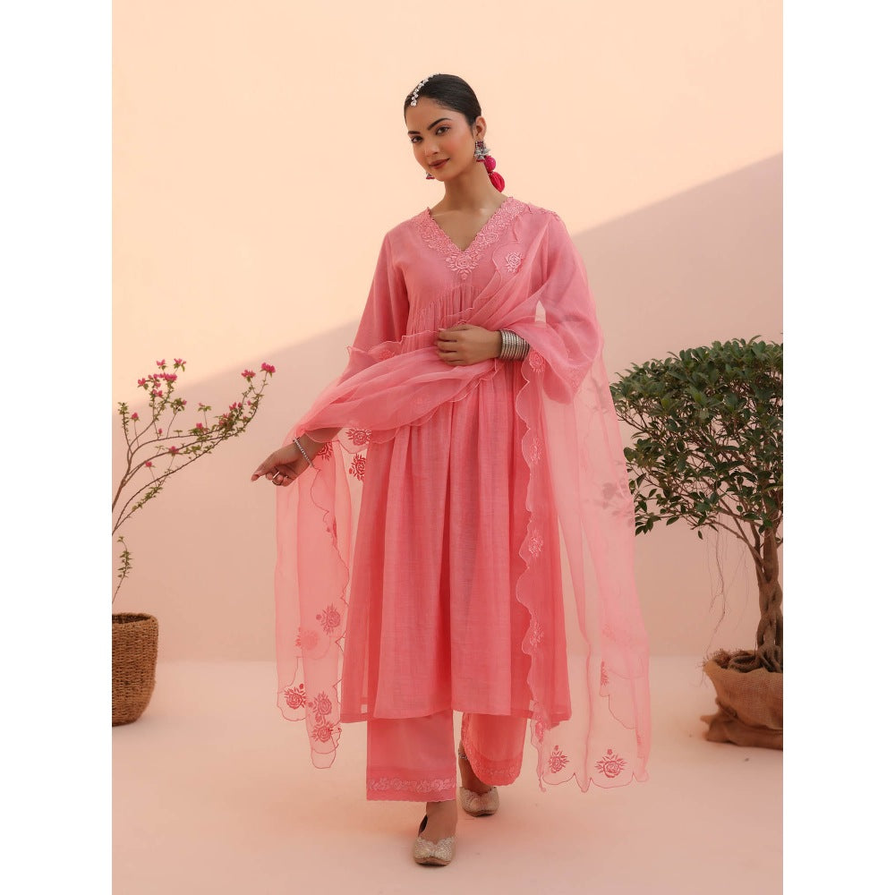 CHARU MAKKAR Vani Rose Pink Kurta with Pant and Dupatta (Set of 3)