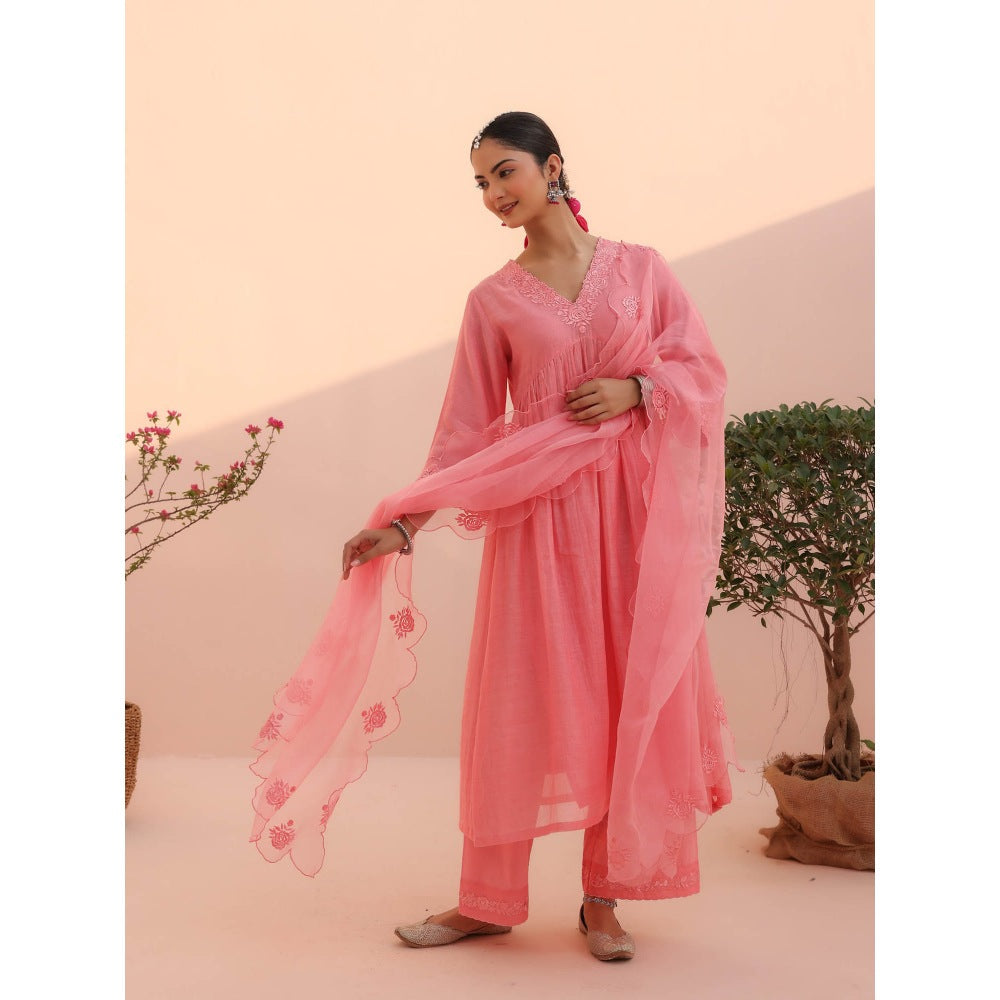 CHARU MAKKAR Vani Rose Pink Kurta with Pant and Dupatta (Set of 3)