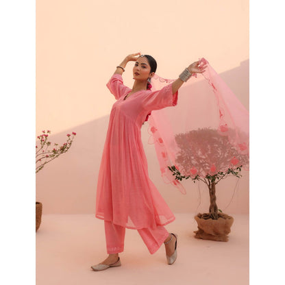 CHARU MAKKAR Vani Rose Pink Kurta with Pant and Dupatta (Set of 3)