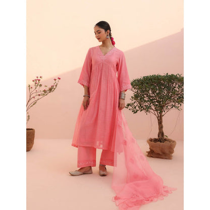 CHARU MAKKAR Vani Rose Pink Kurta with Pant and Dupatta (Set of 3)