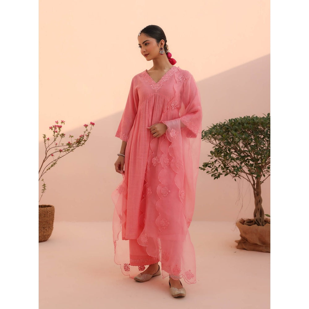 CHARU MAKKAR Vani Rose Pink Kurta with Pant and Dupatta (Set of 3)