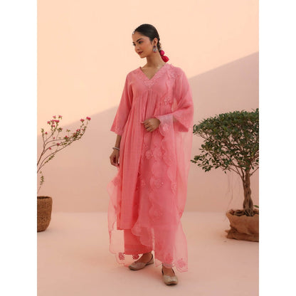 CHARU MAKKAR Vani Rose Pink Kurta with Pant and Dupatta (Set of 3)