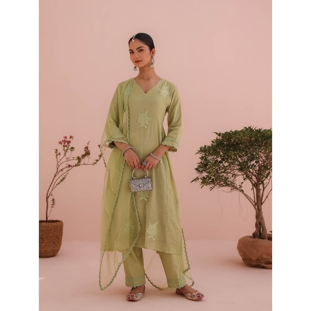 CHARU MAKKAR Elaichi Green Kurta with Pant and Dupatta (Set of 3)