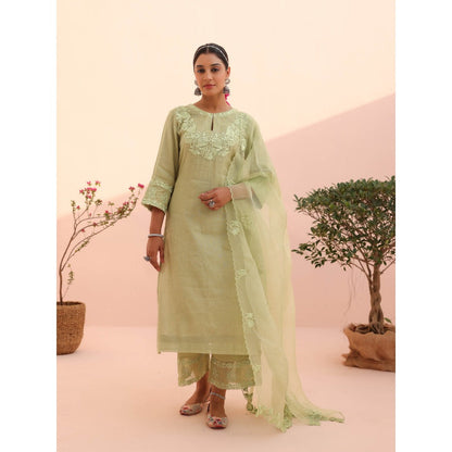 CHARU MAKKAR Tara Elaichi Green Kurta with Pant and Dupatta (Set of 3)