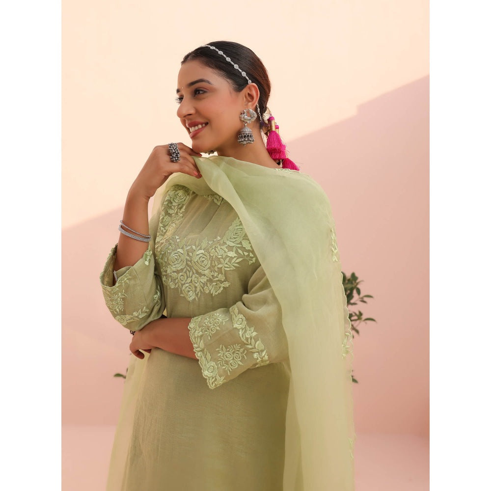 CHARU MAKKAR Tara Elaichi Green Kurta with Pant and Dupatta (Set of 3)