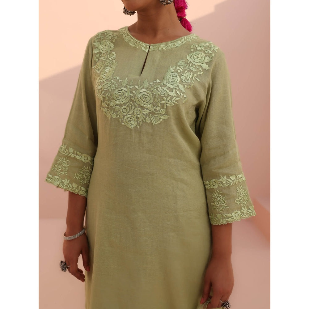 CHARU MAKKAR Tara Elaichi Green Kurta with Pant and Dupatta (Set of 3)