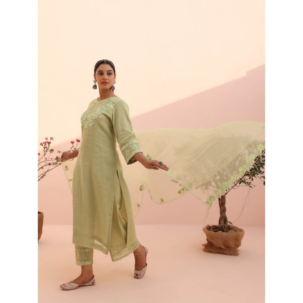 CHARU MAKKAR Tara Elaichi Green Kurta with Pant and Dupatta (Set of 3)