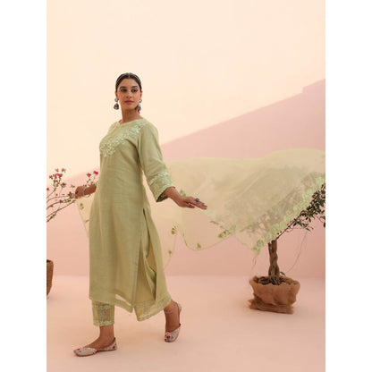 CHARU MAKKAR Tara Elaichi Green Kurta with Pant and Dupatta (Set of 3)