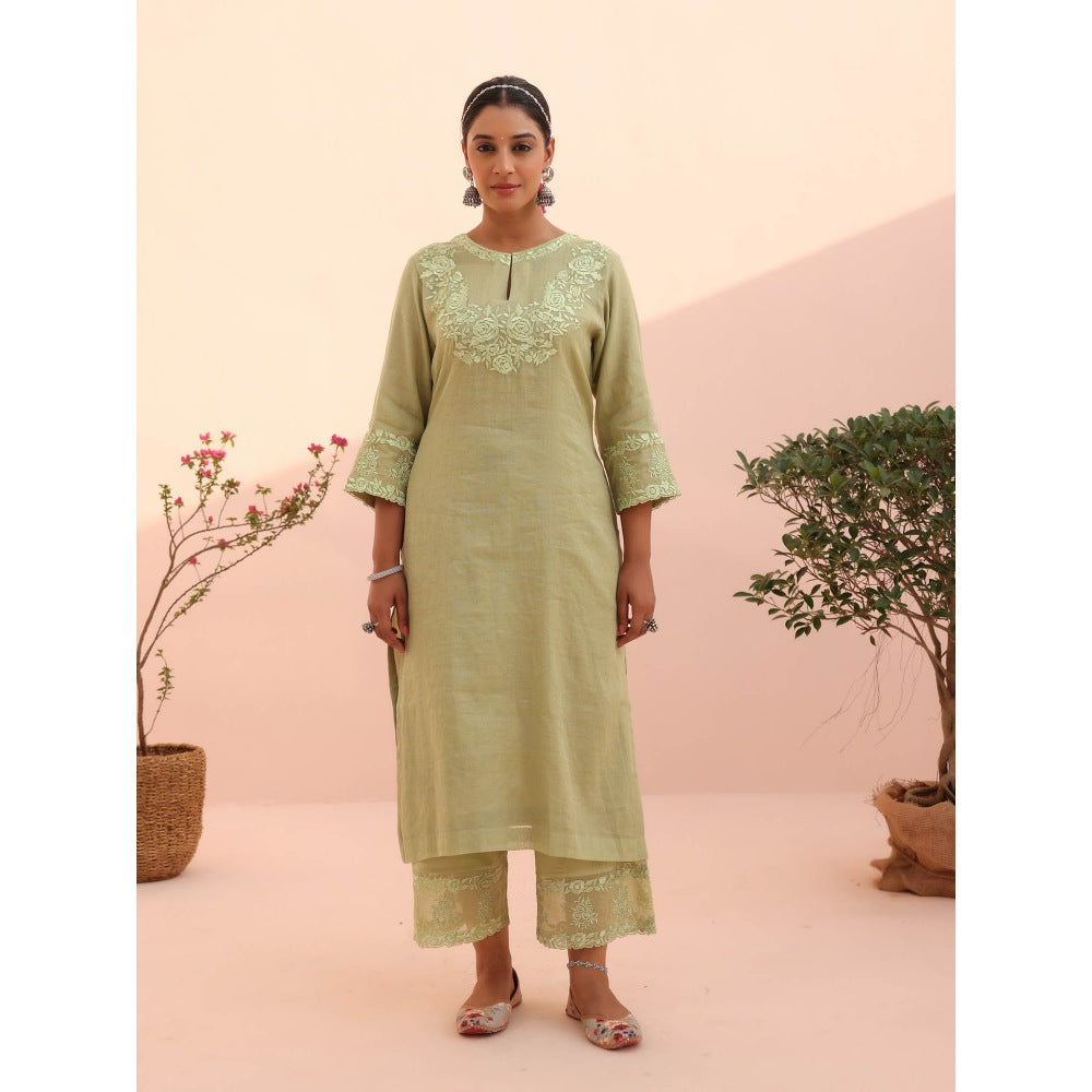 CHARU MAKKAR Tara Elaichi Green Kurta with Pant and Dupatta (Set of 3)