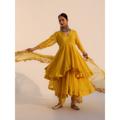 CHARU MAKKAR Anvi Mustard Yellow Kurta with Palazzo and Dupatta (Set of 3)