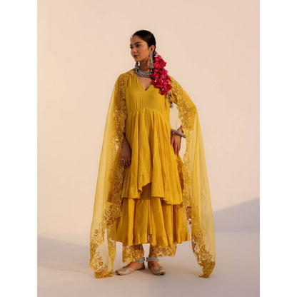 CHARU MAKKAR Anvi Mustard Yellow Kurta with Palazzo and Dupatta (Set of 3)