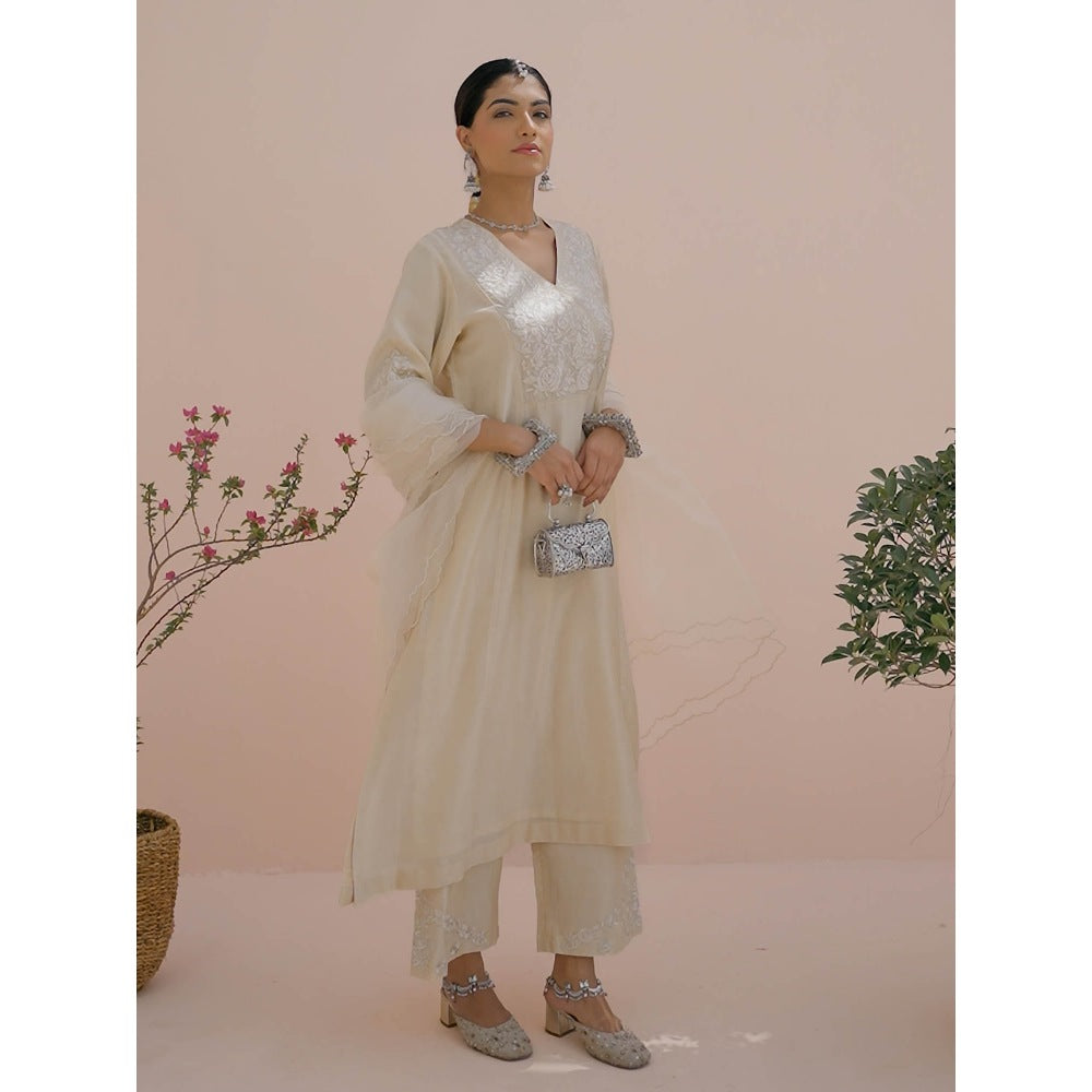 CHARU MAKKAR Riya Pearl White Kurta with Pant and Dupatta (Set of 3)