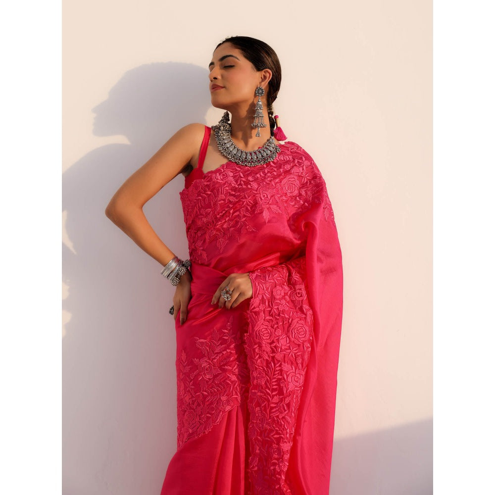 CHARU MAKKAR Myra Rani Pink Saree with Stitched Blouse