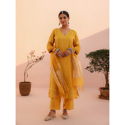 CHARU MAKKAR Aarohi Mustard Yellow Kurta with Pant and Dupatta (Set of 3)