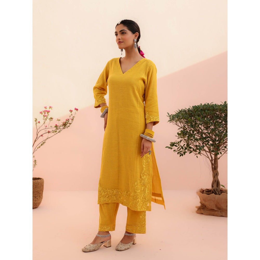 CHARU MAKKAR Aarohi Mustard Yellow Kurta with Pant and Dupatta (Set of 3)