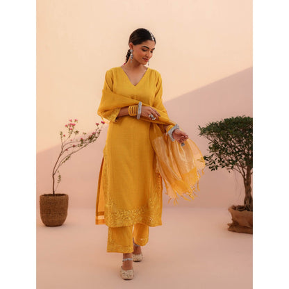 CHARU MAKKAR Aarohi Mustard Yellow Kurta with Pant and Dupatta (Set of 3)