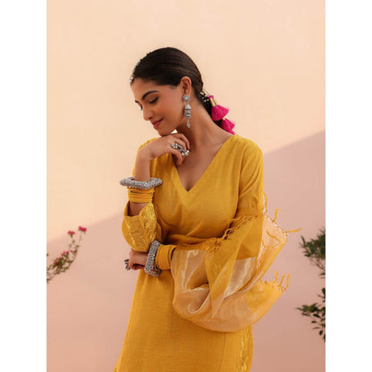 CHARU MAKKAR Aarohi Mustard Yellow Kurta with Pant and Dupatta (Set of 3)