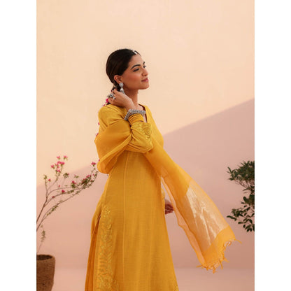 CHARU MAKKAR Aarohi Mustard Yellow Kurta with Pant and Dupatta (Set of 3)