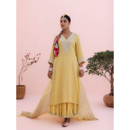 CHARU MAKKAR Mehr Lemon Yellow Kurta with Skirt and Dupatta (Set of 3)