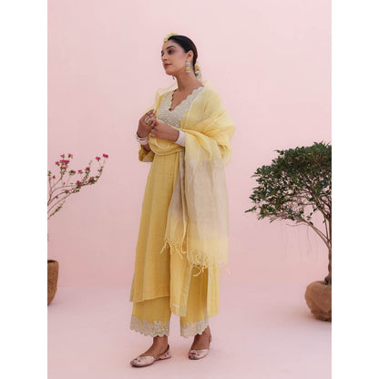CHARU MAKKAR Mehr Lemon Yellow Palazzo with Kurta and Dupatta (Set of 3)