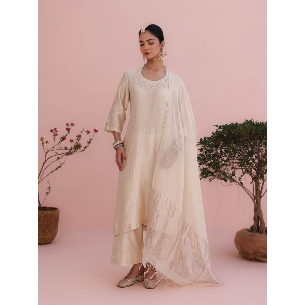 CHARU MAKKAR Diva Pearl Beige Kurta with Pant and Dupatta (Set of 3)