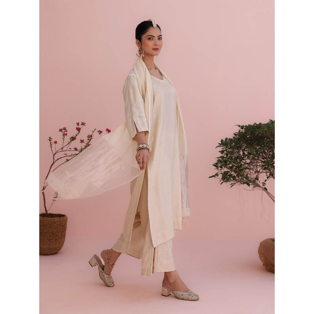 CHARU MAKKAR Diva Pearl Beige Kurta with Pant and Dupatta (Set of 3)
