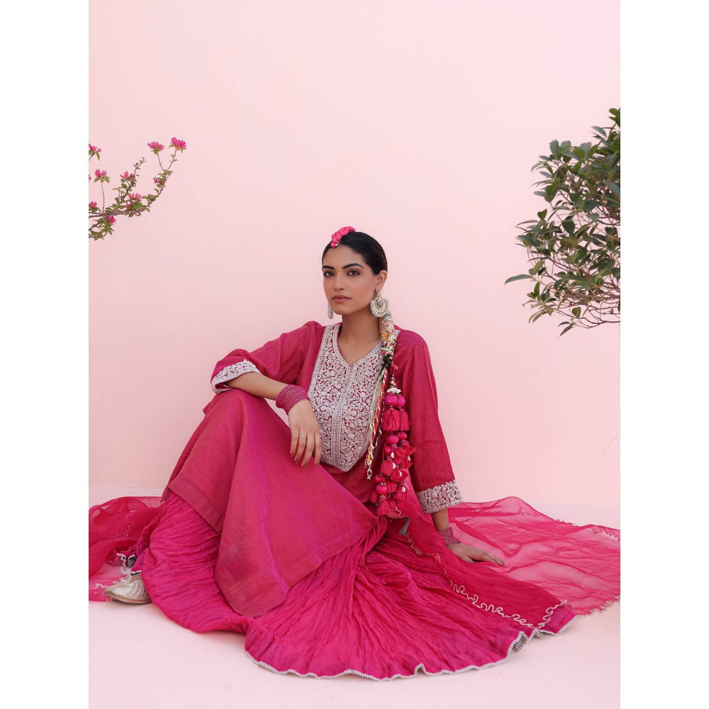 CHARU MAKKAR Misha Rani Pink Kurta with Skirt and Dupatta (Set of 3)