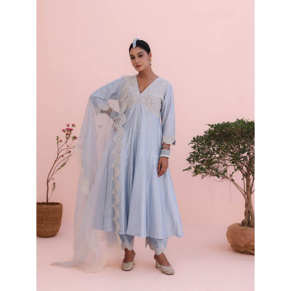 CHARU MAKKAR Maya Moon Blue Anarkali with Pant and Dupatta (Set of 3)
