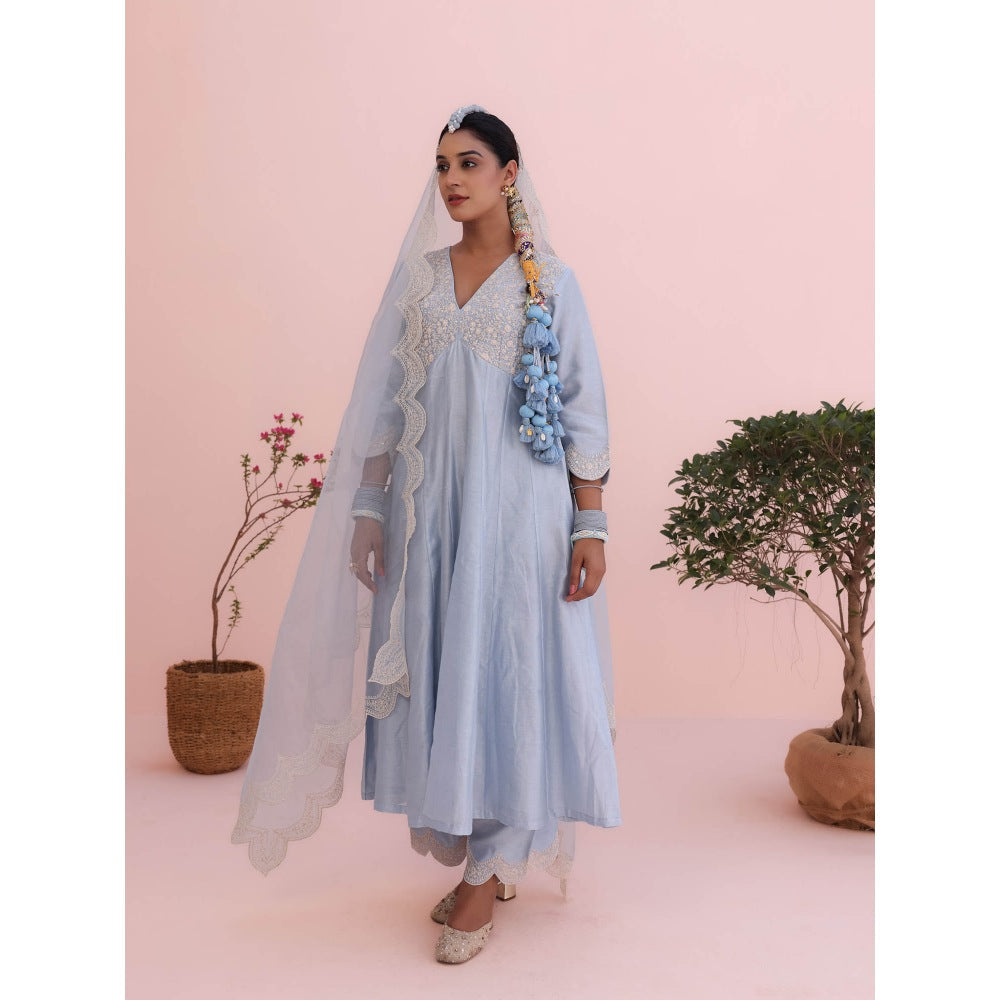 CHARU MAKKAR Maya Moon Blue Anarkali with Pant and Dupatta (Set of 3)