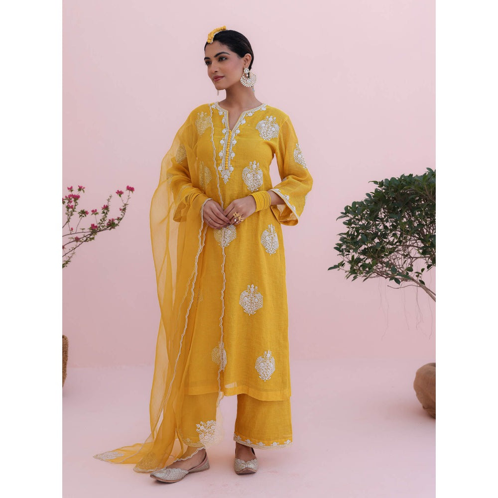 CHARU MAKKAR Mustard Yellow Kurta with Palazzo and Dupatta (Set of 3)